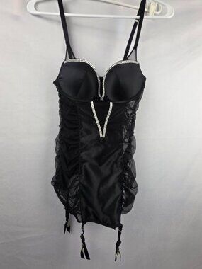 Victoria Secret Black Satin-Like Rhinestone Merry Widow 34B
